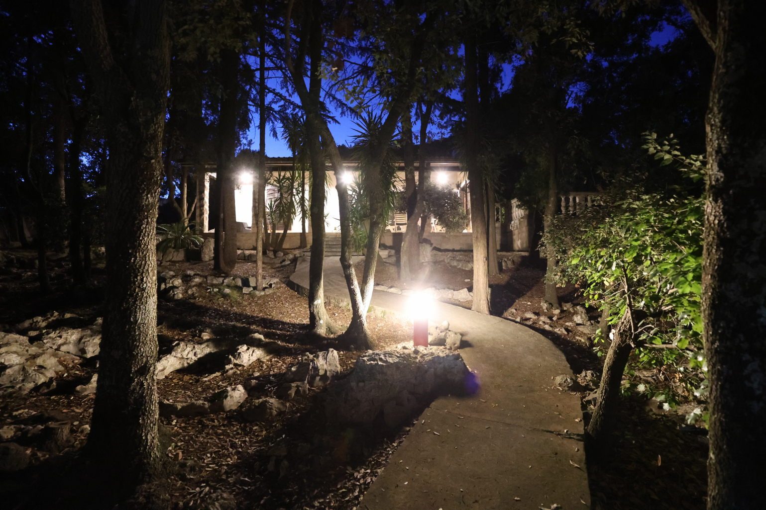 The garden path lit at night